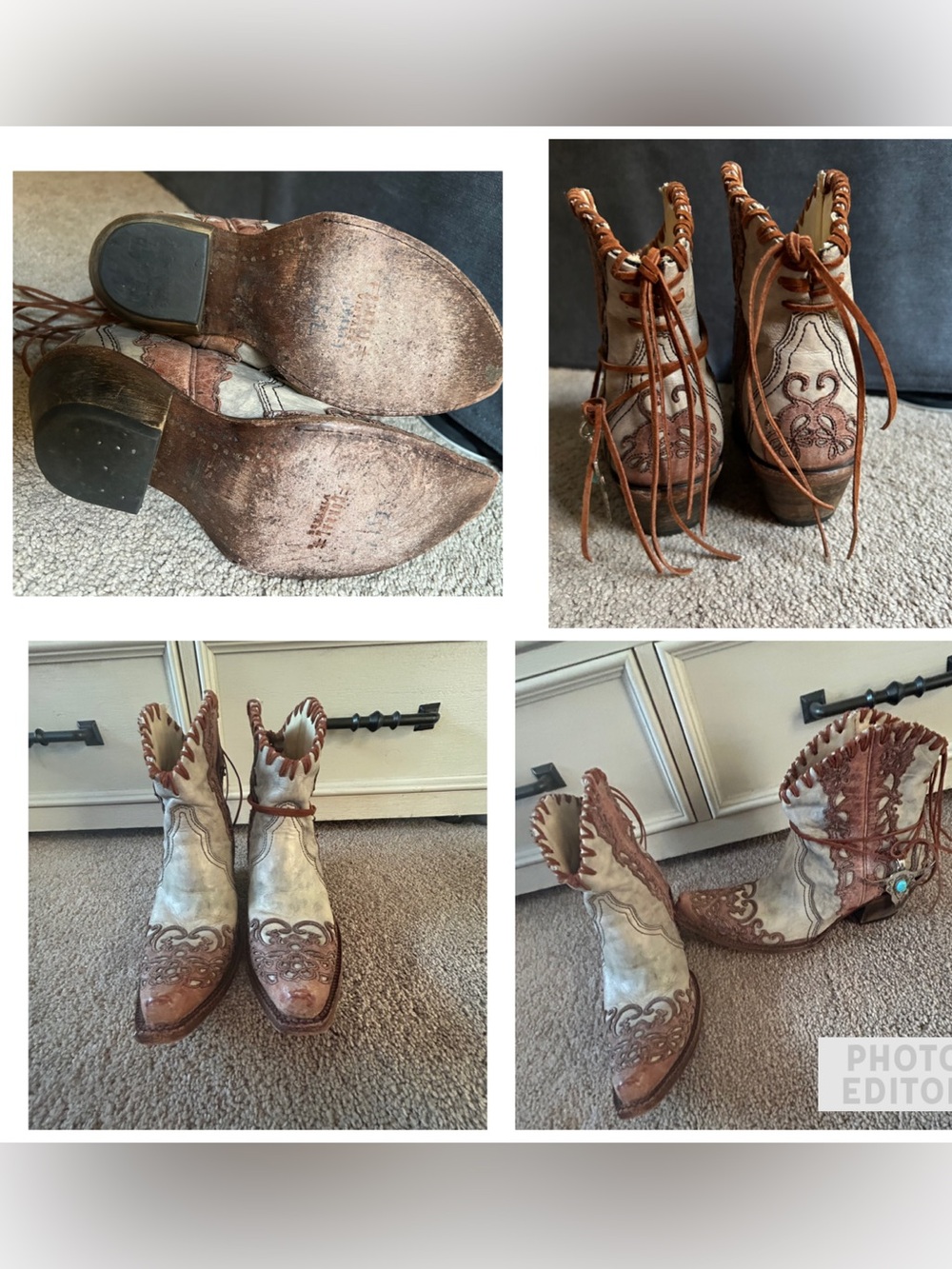 Corral Two-Tone Brown and Cream Western Ankle Boots with Turquoise Accent